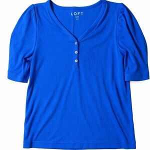 LOFT Ribbed Henley Top Blue Puff Sleeve Medium Petite in excellent condition